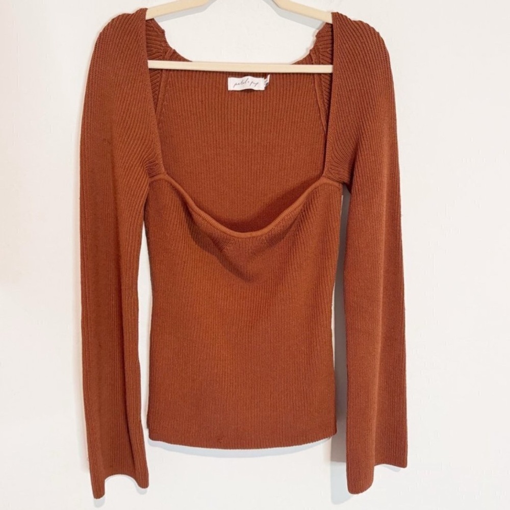 Petal & Pup Aquerelle Ribbed Knit Sweater Blouse Sweetheart Neck Top Brown 10